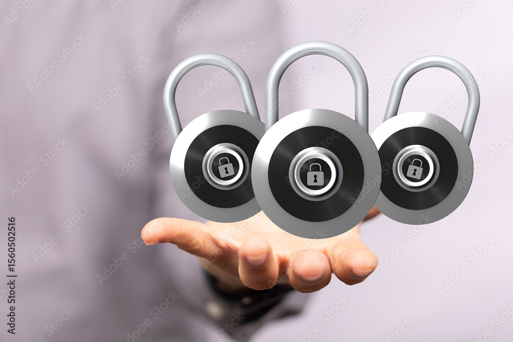 Poster image of three padlocks on a hand, symbolizing data protection and online security.
