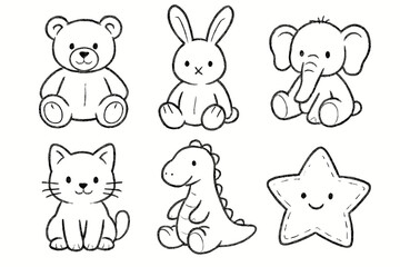 Cute animal and star outlines: teddy, bunny, elephant, cat, dinosaur, star vector icon isolated illustration