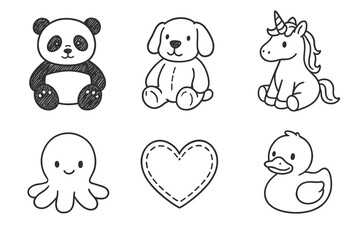 Hand-drawn cartoon animals and heart outline in black and white vector icon isolated illustration
