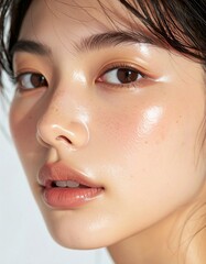 日本人, 超リアル, 美しい, 若い女性, 顔, クローズアップ, 欠点のない肌, 輝く肌質, ナチュラルメイク, 柔らかなライティング, 美容CM風, シネマティック, カメラ目線, 高解像度,Japanese, ultra-realistic, beautiful, young woman, face, close-up, flawless skin, glowing complexion