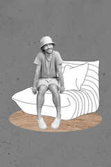 Poster image sketch vertical collage of happy girl stand indoor armchair flower pot freelancer...