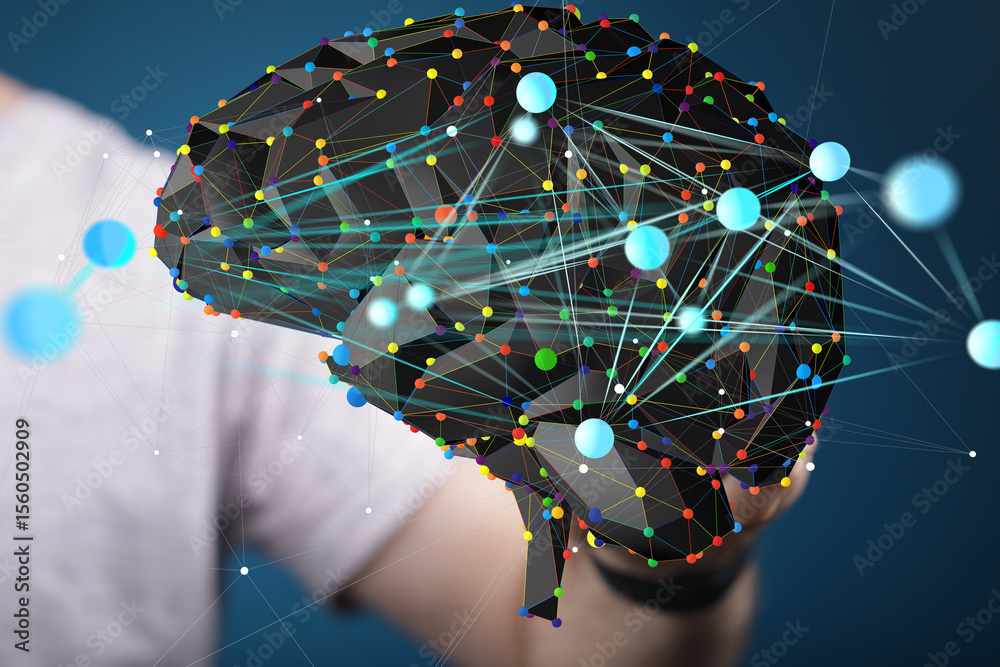 Poster abstract digital brain with connections. ai, neural network, technology concept.