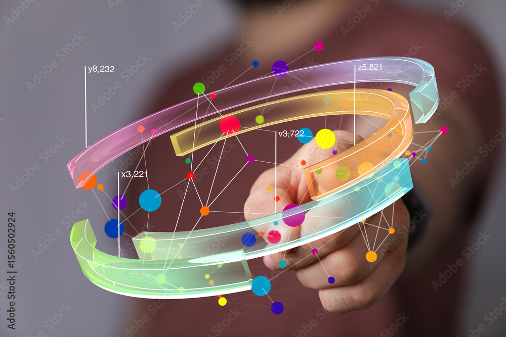 Leinwandbilder person interacts with a vibrant 3d data visualization, showcasing interconnected nodes and numerical