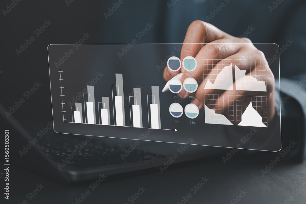 Poster Finance and return on investment concept. Businessman tick on a virtual screen of data and charts, investments analysis in assets and financial growth graphs, business strategy analysis, marketing.