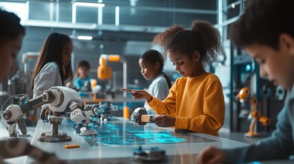 Diverse children interact with robots at a futuristic STEM lab