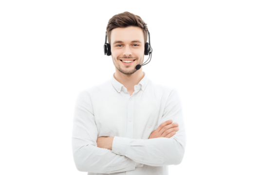 Happy male call center representative wearing headset.
