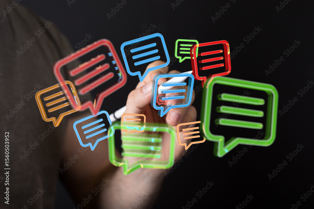 Poster abstract image of hand drawing colorful chat bubbles, representing communication and social media.