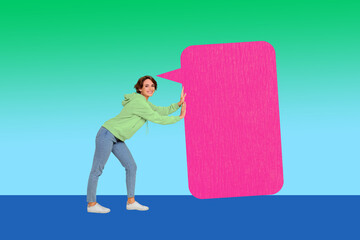Full image 3d poster art collage of happy girl guy stand bubble communication chatterbox speech...