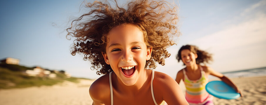 Children enjoy a fun day at the beach with frisbee and laughter during summer vacation - Powered by Adobe