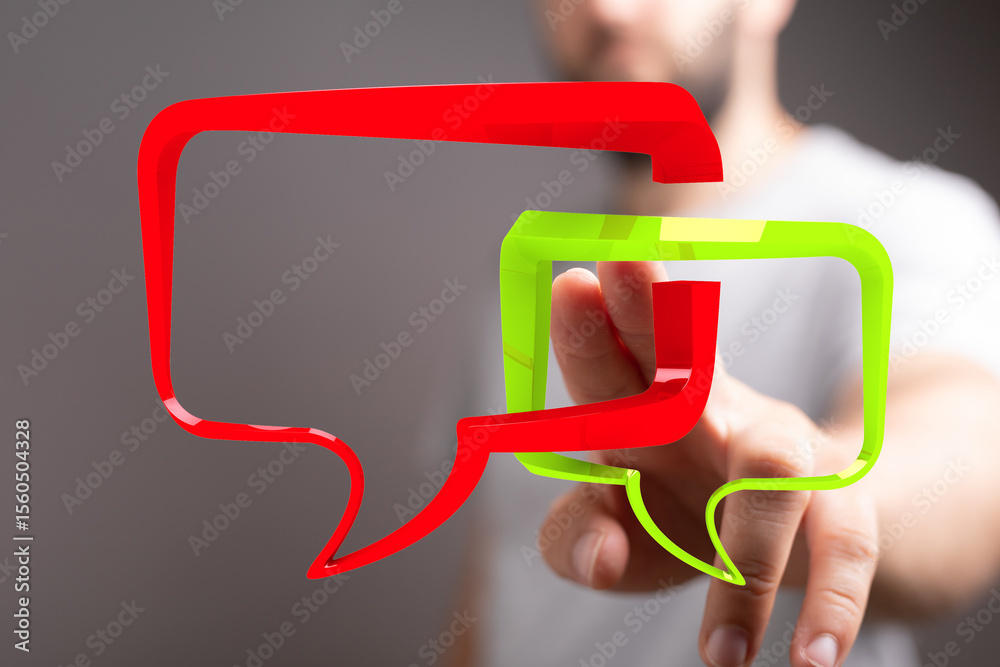 Poster Abstract image of a person interacting with speech bubbles, representing communication and connection.