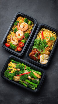 Three meal prep containers filled with noodles, shrimp, chicken, broccoli, and vegetables arranged on a dark textured surface showcasing healthy takeout options.