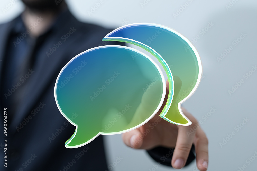Poster Abstract image of a businessman interacting with digital speech bubbles, symbolizing communication and networking.