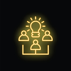 Glowing neon icon of a team sharing ideas, symbolized by a bright light bulb above them