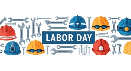 Fototapeta premium Flat design banner celebrating Labor Day with various hard hats and tools.