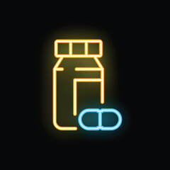 Neon style icon of a pill bottle and pill glowing on a dark background