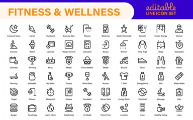 Set of fitness and wellness related line icons, wellbeing, mental health, healthcare, cosmetics, spa, medical. Outline icon collection.