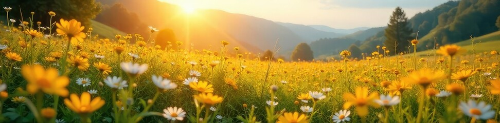 Sun-Drenched Meadow Wildflower Landscape A Dreamlike, Enchanting Scene of Golden Blooms