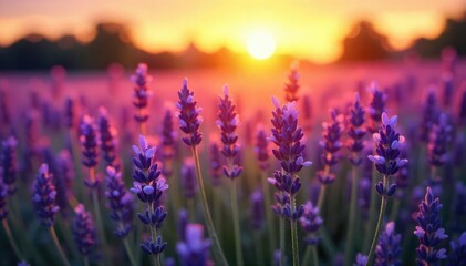 Fototapeta premium Dreamy Sunset Lavender Field Ethereal Purple Blooms Bathed in Golden Light, Serene Botany Photography