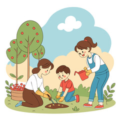 Family gardening together with mother, son, and daughter planting in the garden under a cloudy sky day