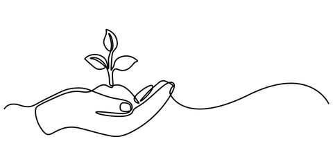 Continuous one line drawing of Hands holding growing seedlings. Single line drawing illustration of Hands holding leaf. Go green energy concept vector art. Doodle line illustration.  © SREEPOLOK