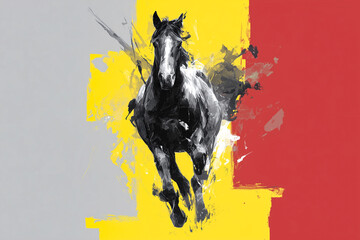 A black horse gallops powerfully through a splash of abstract colors, capturing energy and movement in a striking, modern artistic style.



