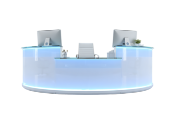Stylish curved reception desk with built in computers and LED lighting.