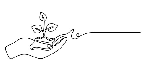 Continuous one line drawing of Hands holding growing seedlings. Single line drawing illustration of Hands holding leaf. Go green energy concept vector art. Doodle line illustration. 