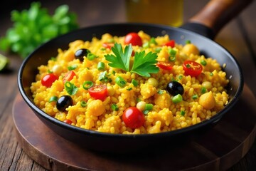 Vibrant Valencian Vegetarian Paella Saffron Rice, Artichoke Hearts, and Fresh Vegetables in a Rustic Pan