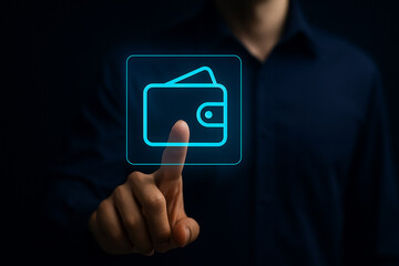 Man Touching Virtual Wallet Icon in Futuristic Digital Interface with Neon Blue Light for Technology Finance and UI Concepts