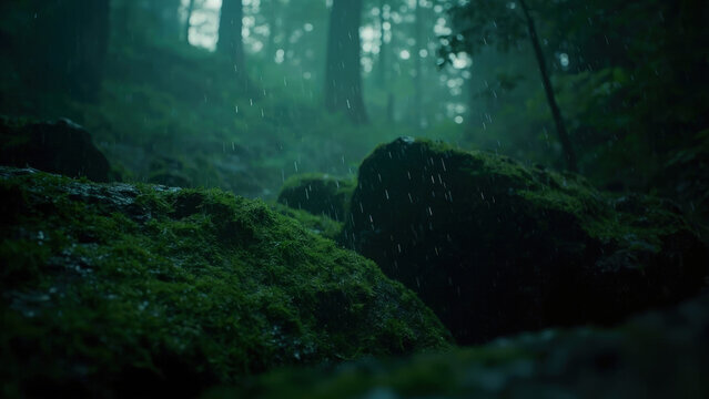 Rain falling over moss-covered rocks in a dark green forest with blurred trees and a moody atmosphere during a downpour