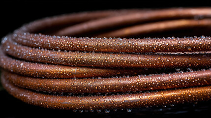 Condensation and Water Droplets, A close-up of a coil of copper pipe with cool condensation and perfect, clear water droplets beading, use in refrigeration or plumbing, on a dark background. 