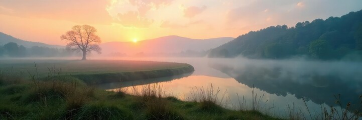 Obraz premium Serene Dawn Landscape Misty Fields and Tranquil Water at Daybreak, capturing the quiet beauty of natures stillness, a soft light illuminating the peaceful scene.