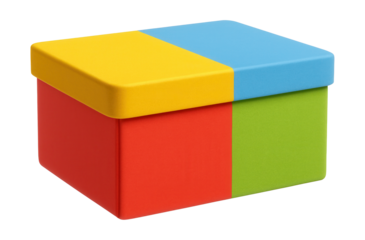 Multi-colored cardboard box with a lid for storing and categorizing children's art projects at home.