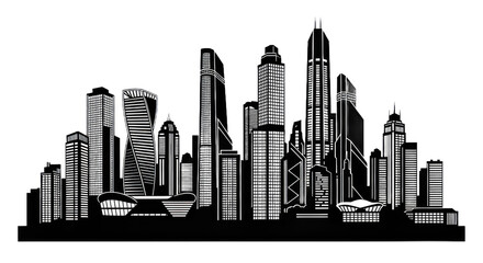 Fototapeta premium Detailed Black And White Illustration Of A City Skyline With Various Architectural Styles Isolated Transparent Background
