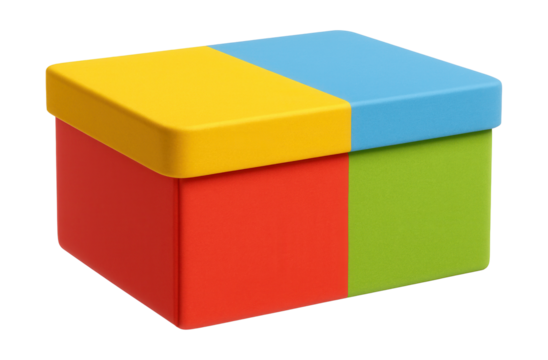 Multi-colored cardboard box with a lid for storing and categorizing children's art projects at home.