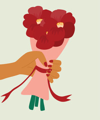 Flat Design Illustration with Hand Holding Red Flowers Bouquet