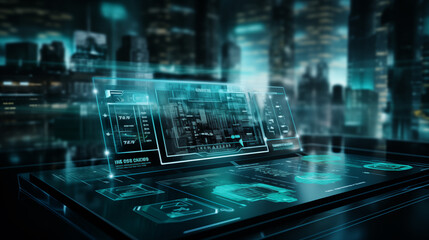 Futuristic interface with digital display over a cityscape background view