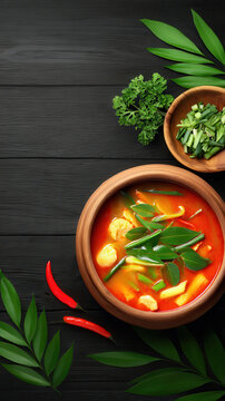 A delicious bowl of Tom Yum soup is presented on a black wooden surface, adorned with fresh green herbs, leaves, and two vibrant red chili peppers to create a culinary delight.