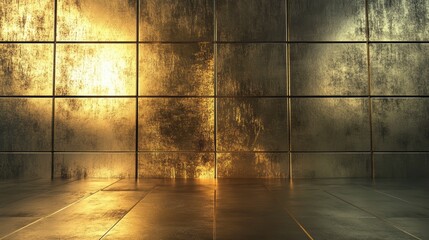 Grungy gold metallic wall and floor background.