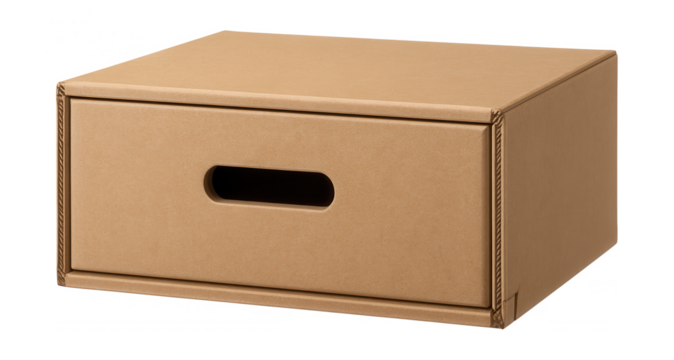 Lightweight cardboard drawer for temporary storage in a dorm room cabinet, easy to assemble and recycle.
