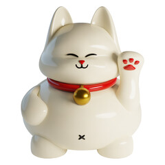 Cute white maneki neko waving lucky cat with red collar and golden bell