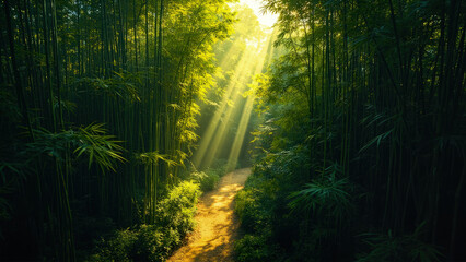 Fototapeta premium Sunlit path through a bamboo forest with green foliage and bright rays of sunlight illuminating the trail nature landscape