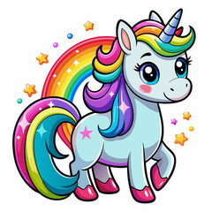 Playful Cartoon Unicorn with Clouds and Rainbow