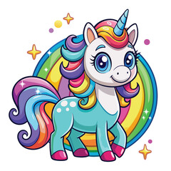 Naklejka premium Adorable Unicorn with Rainbow Mane and Tail in Fairyland