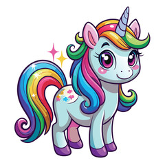 Adorable Unicorn with Rainbow Mane and Tail in Fairyland