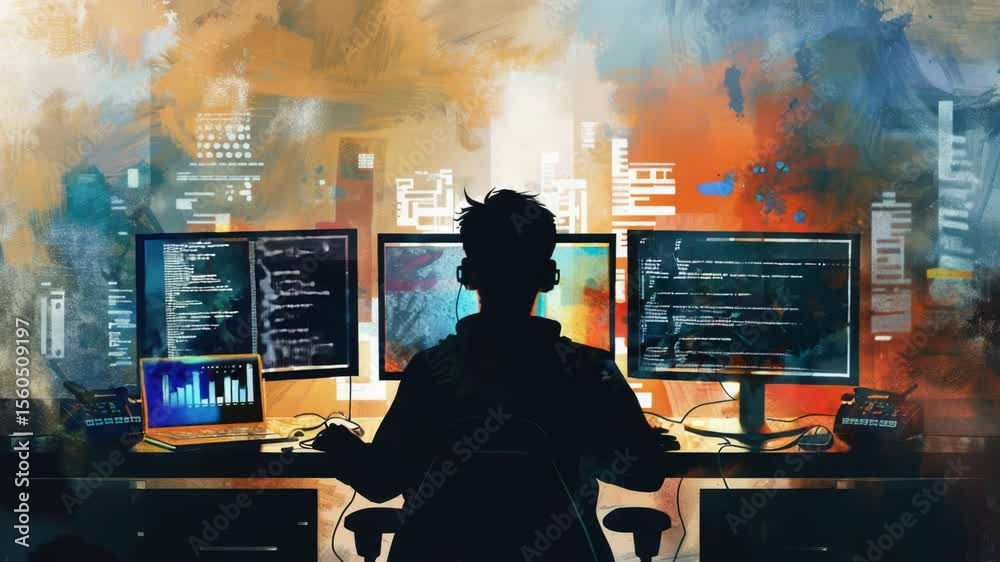 Aufkleber A person sits in front of two computer monitors with keyboard and mouse, working on tasks