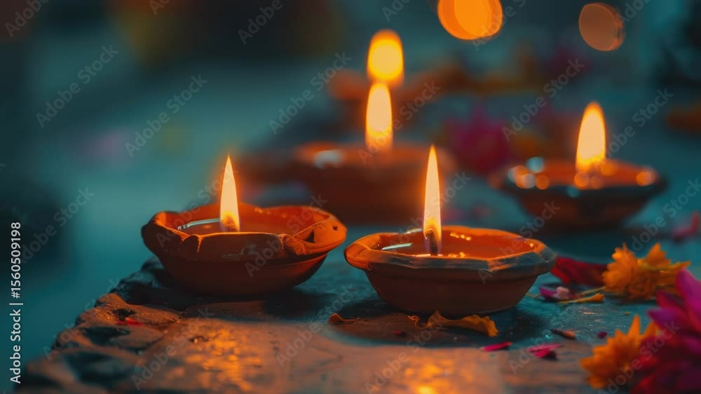 Poster A collection of lit candles placed neatly on a table, ideal for use as decorative element or in scenes where ambiance matters