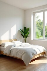 Serene Minimalist Bedroom Calming Natural Light, Clean Lines, and Tranquil Space