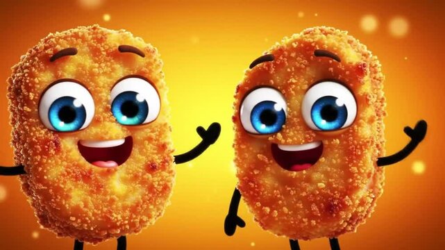 Cheerful Chicken Nuggets Dance on Orange Background.
