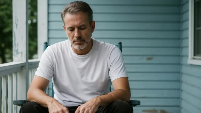Middle-aged man sitting on porch looking thoughtfully downwards